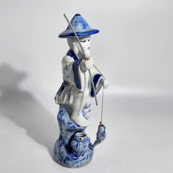 Blue White Porcelain Fisherman Figurine With Fishing Pole Fish On Base Vintage - Picture 4 of 12